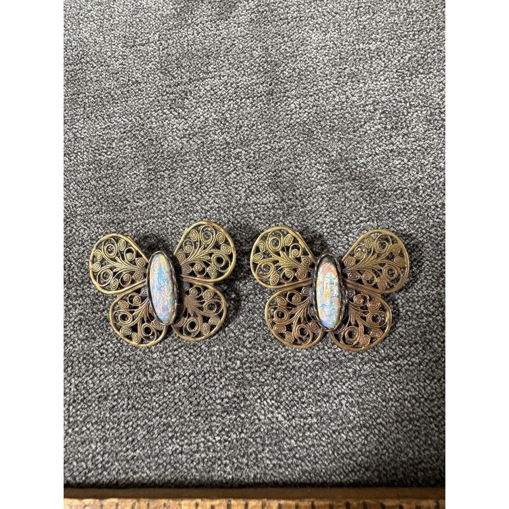 Antique Edwardian Butterfly Dragon's Breath‎ Glass Bronze Pin Set